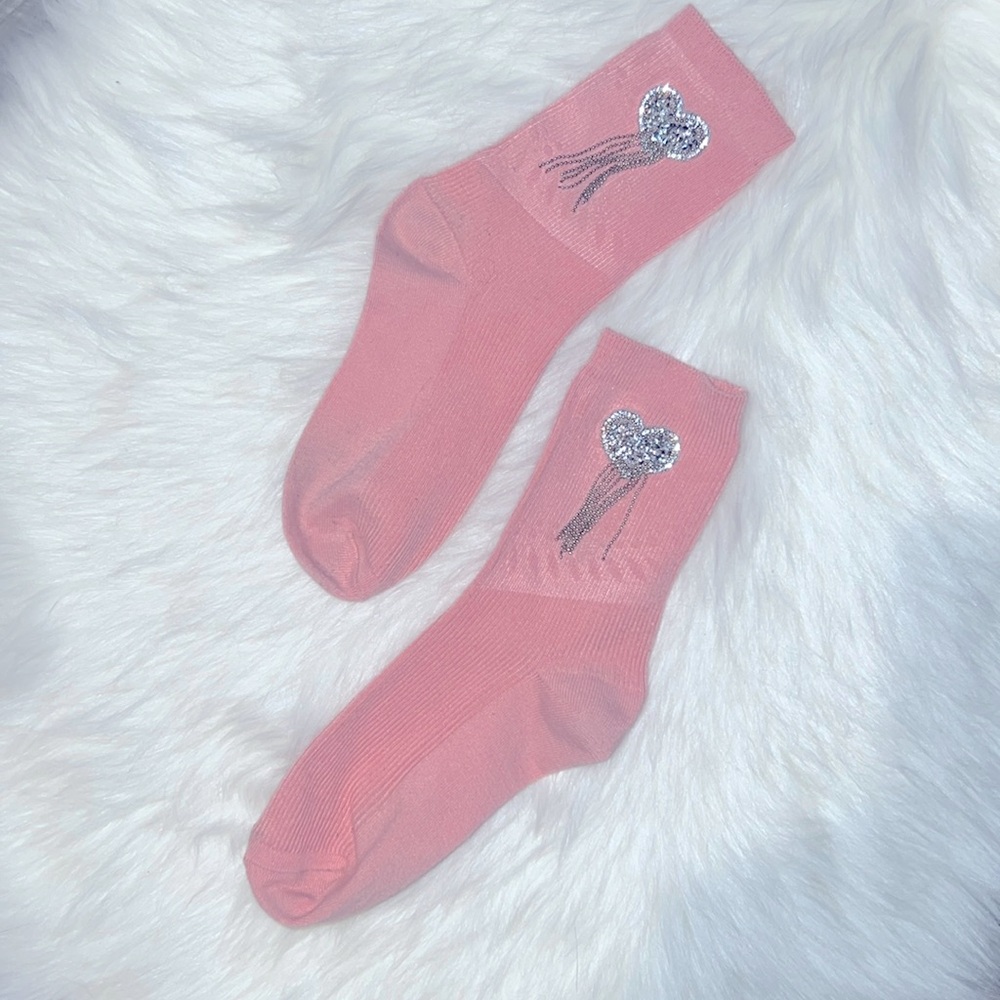Pink Ankle Socks with Rhinestone bling heart Detail!